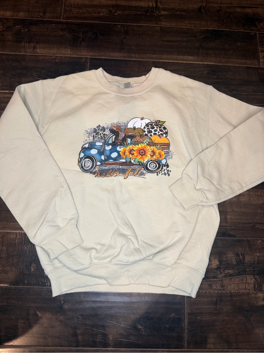 Gildan Cream Crewneck Sweatshirt with Blue Truck and Sunflower Graphic